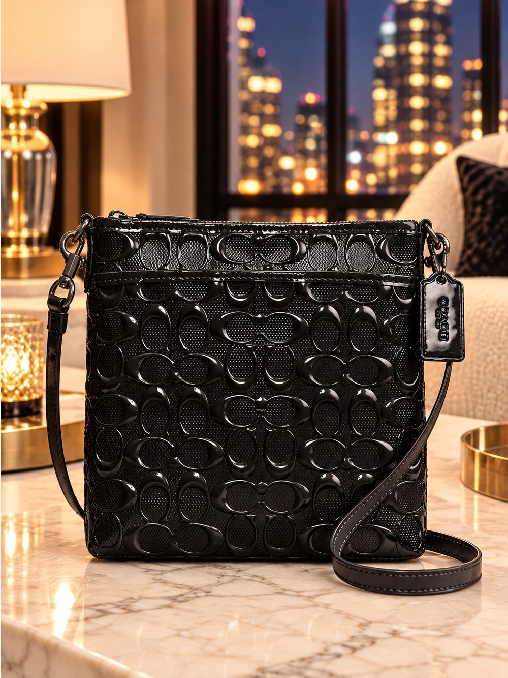 NEW COACH Kitt Messenger Crossbody Bag Black Signature Patent Leather | NWOT